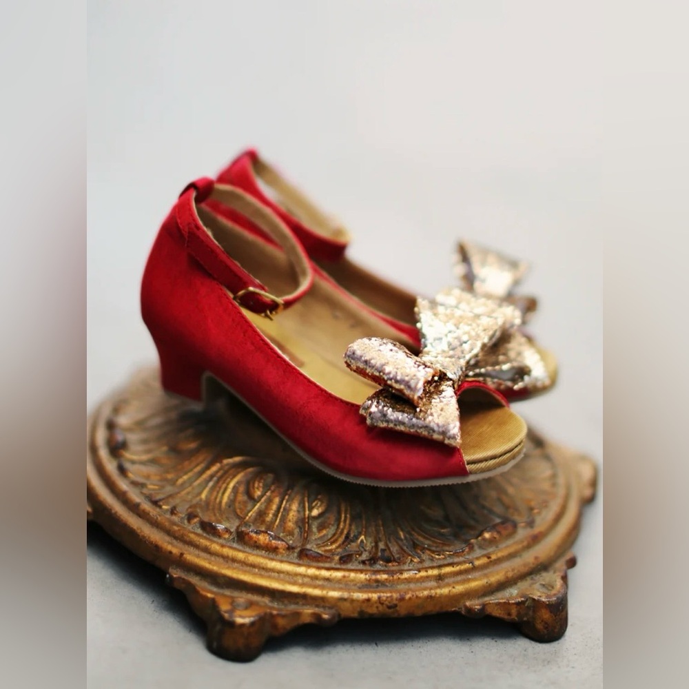 Joyfolie Valerie Pump Heel Ankle Strap Red Satin Glitter Bow Girls Sz 13 - Picture 2 of 9
